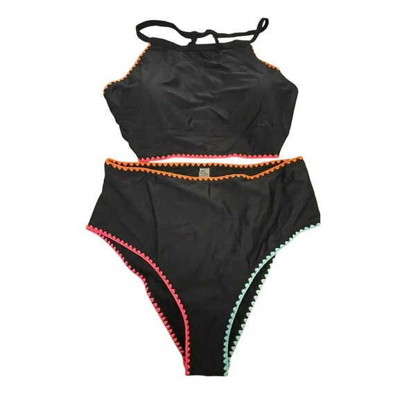 Cupshe XL Black Embroidered High Neck Tankini Bikini Set Bathing Suit NEW - Picture 3 of 6